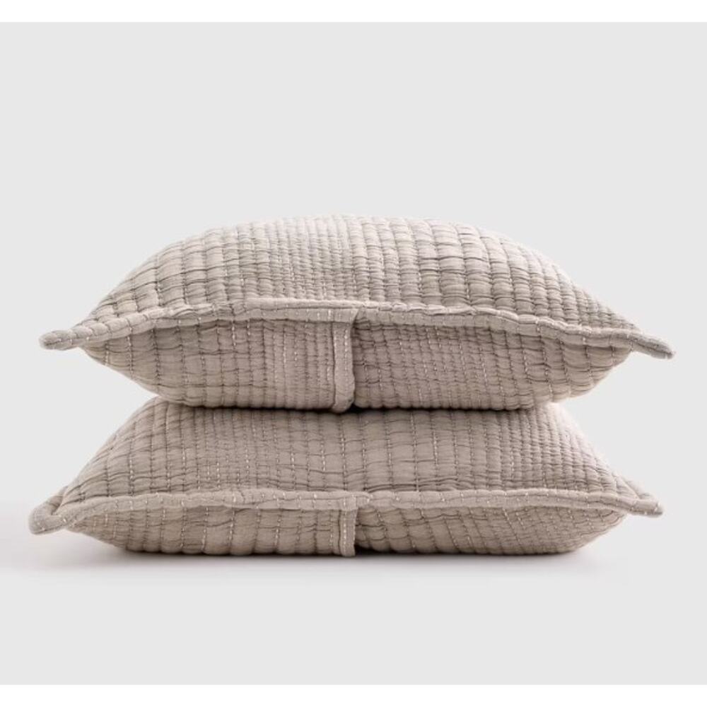 NEW Quince Organic Cotton Channel Stitch Shams Set Of 2 Taupe King Size